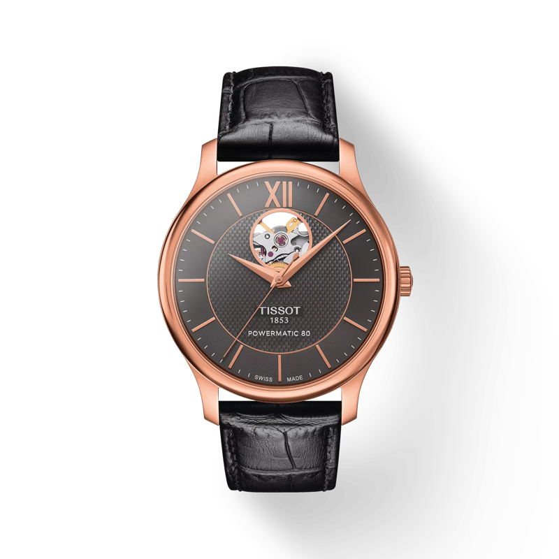Front view of the watch Tissot Tradition Powermatic 80 Open Heart with shadow
