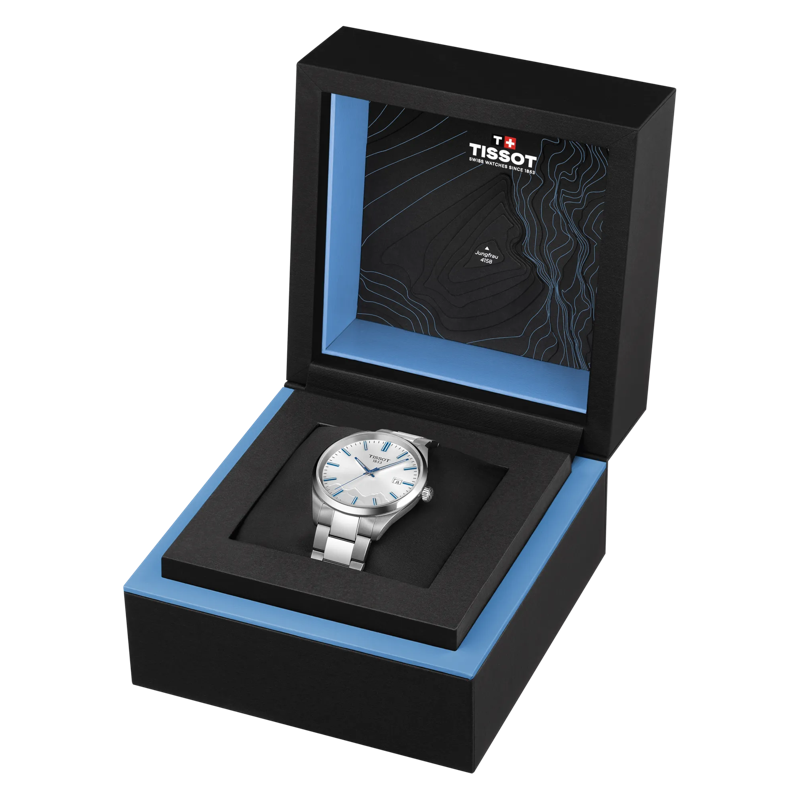Front view of the watch Tissot PR 100 Jungfraubahn Quartz 40mm with opened