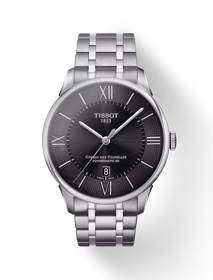 Front view of the watch Tissot Chemin des Tourelles Powermatic 80 with shadow