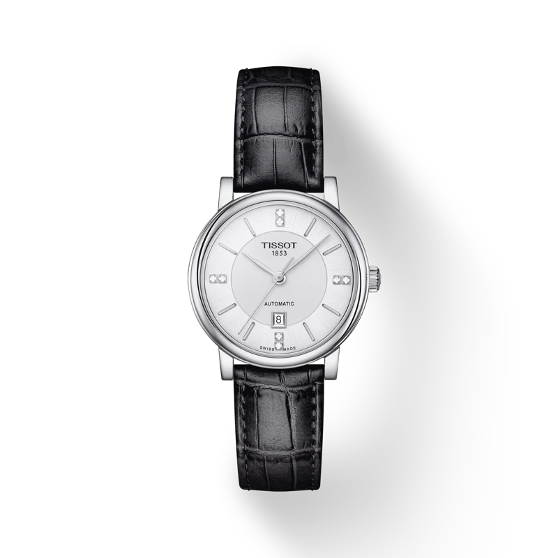 Front view of the watch Tissot Carson Premium Lady Automatic with shadow