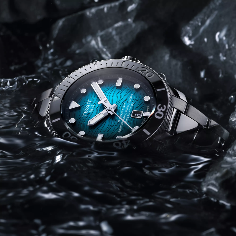 Tissot Seastar 2000 Professional Powermatic 80 watch on a colored background