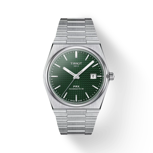 Front view of the watch Tissot PRX Powermatic 80 40mm with shadow