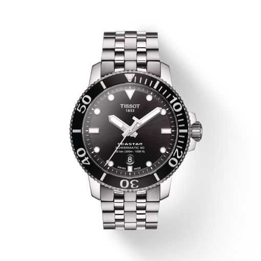 Front view of the watch Tissot Seastar 1000 Powermatic 80 with shadow