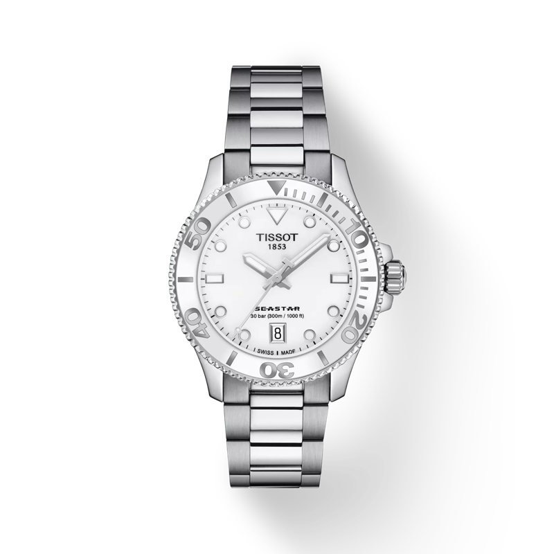 Front view of the watch Tissot Seastar 1000 36mm with shadow