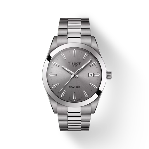 Front view of the watch Tissot Gentleman Titanium with shadow