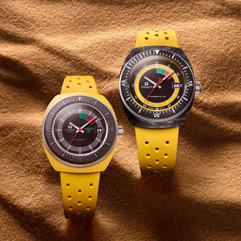 Tissot Sideral S Powermatic 80 watch on a colored background