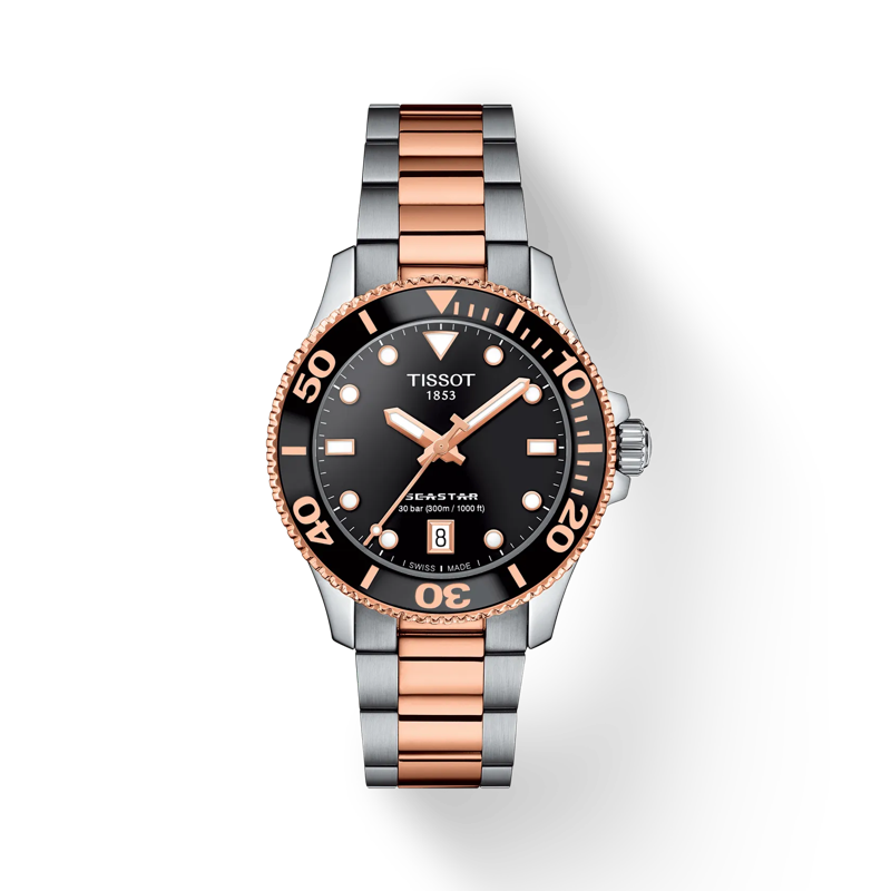 Front view of the watch Tissot Seastar 1000 Quartz 36mm with shadow