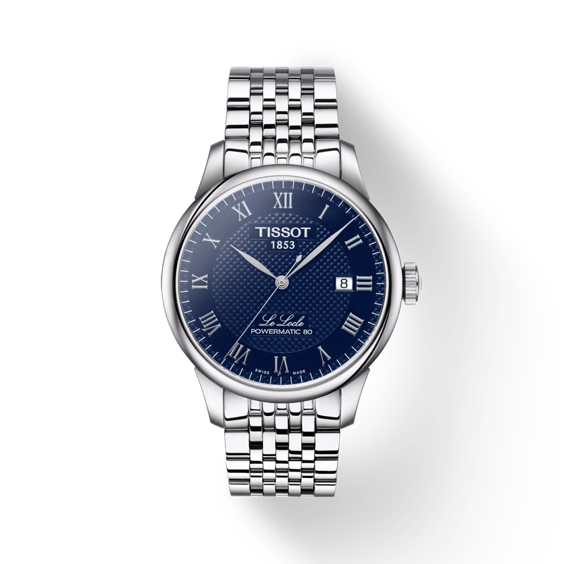 Front view of the watch Tissot Le Locle Powermatic 80 with shadow