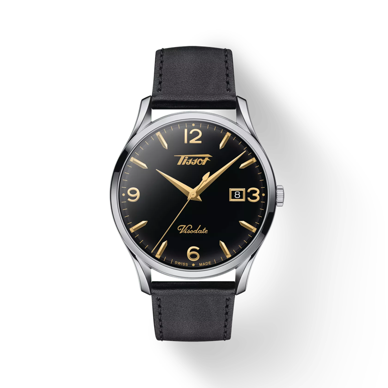 Vue de face de la montre Tissot Heritage Visodate avec ombre
