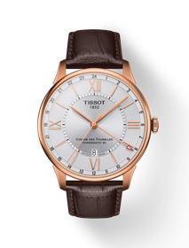 Vue de face de la montre Tissot Chemin des Tourelles Powermatic 80 GMT avec ombre