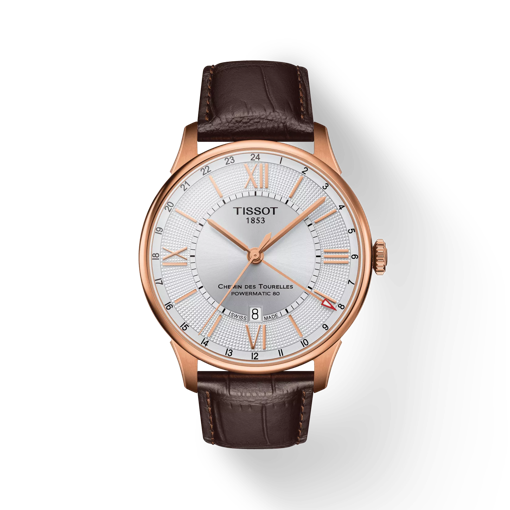 Front view of the watch Tissot Chemin des Tourelles Powermatic 80 GMT with shadow