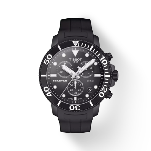 Vue de face de la montre Tissot Seastar 1000 Chronograph avec ombre