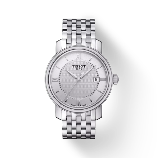 Front view of the watch Tissot Bridgeport with shadow
