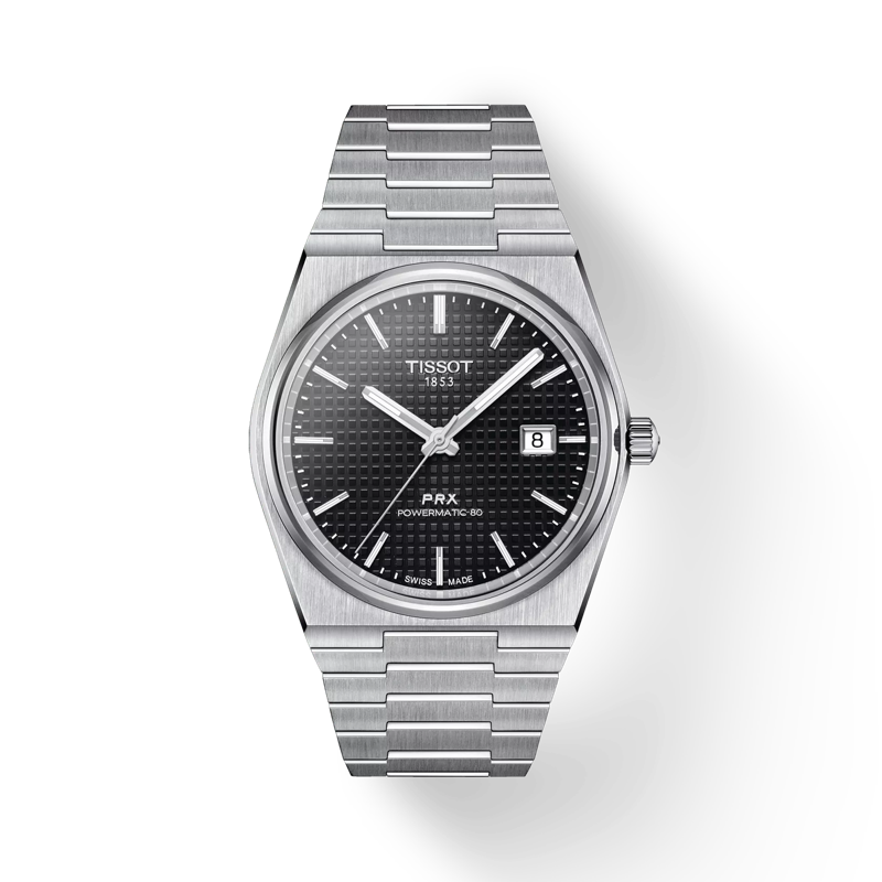 Vue de face de la montre Tissot PRX Powermatic 80 40mm avec ombre