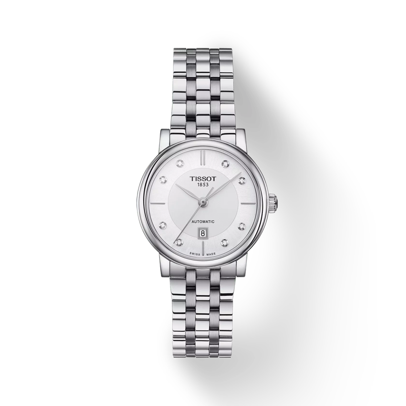 Vue de face de la montre Tissot Carson Premium Automatic Lady avec ombre