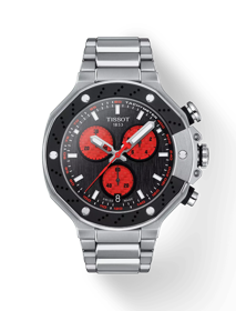 Front view of the watch Tissot T-Race Marc Marquez 2022 Limited Edition with shadow