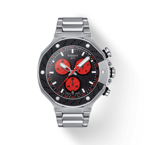 Front view of the watch Tissot T-Race Marc Marquez 2022 Limited Edition with shadow