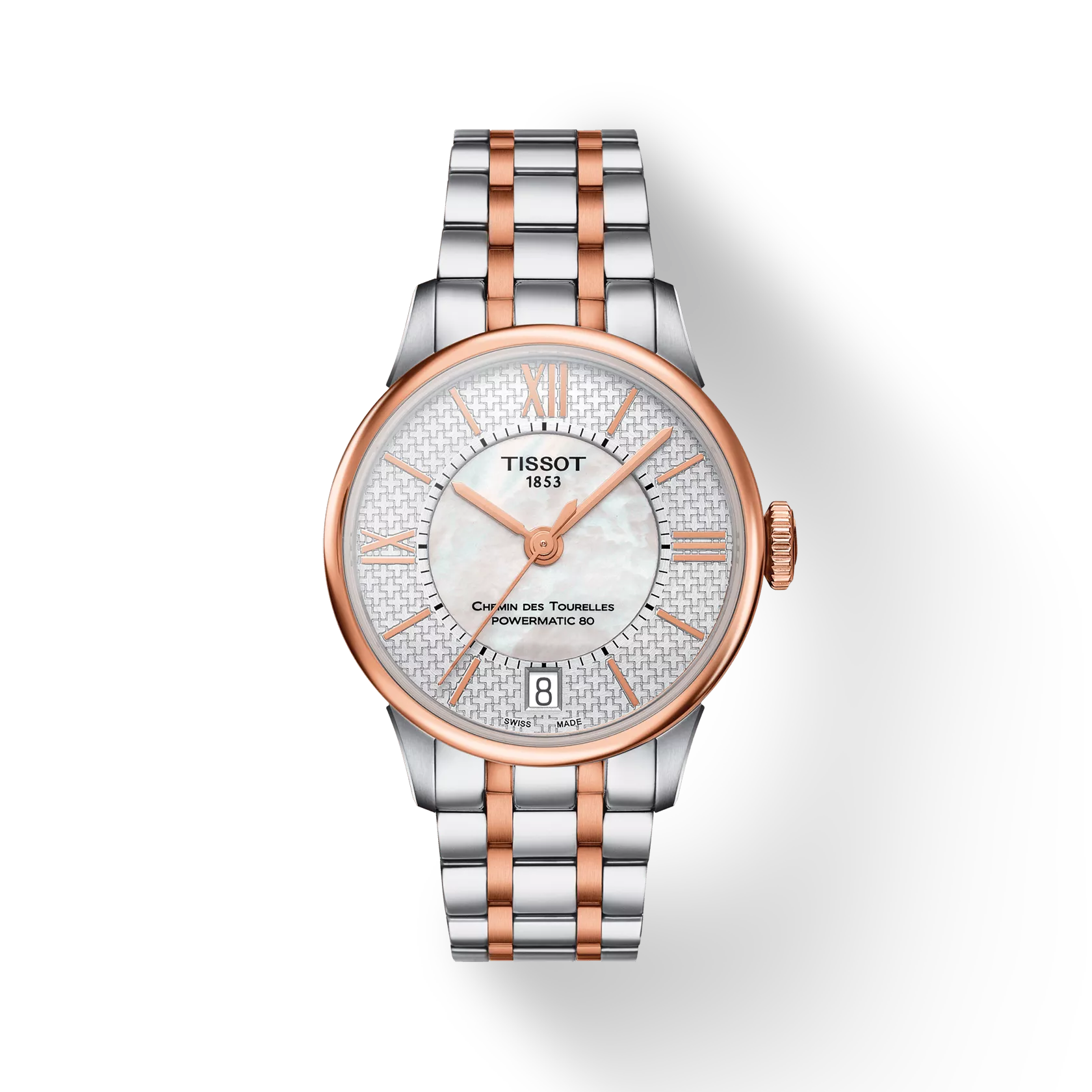 Vue de face de la montre Tissot Chemin des Tourelles Powermatic 80 Helvetic Pride Lady avec ombre