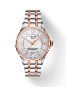 Vue de face de la montre Tissot Chemin des Tourelles Powermatic 80 Helvetic Pride Lady avec ombre