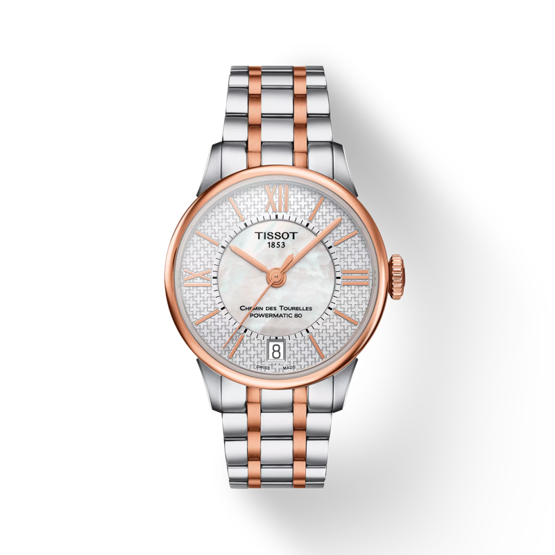 Vue de face de la montre Tissot Chemin des Tourelles Powermatic 80 Helvetic Pride Lady avec ombre