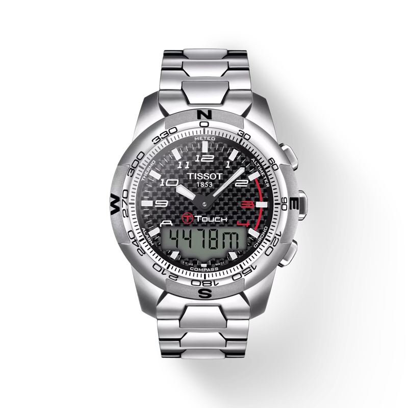 มุมมองด้านหน้าของนาฬิกา Tissot T-Touch II Titanium พร้อมเงา