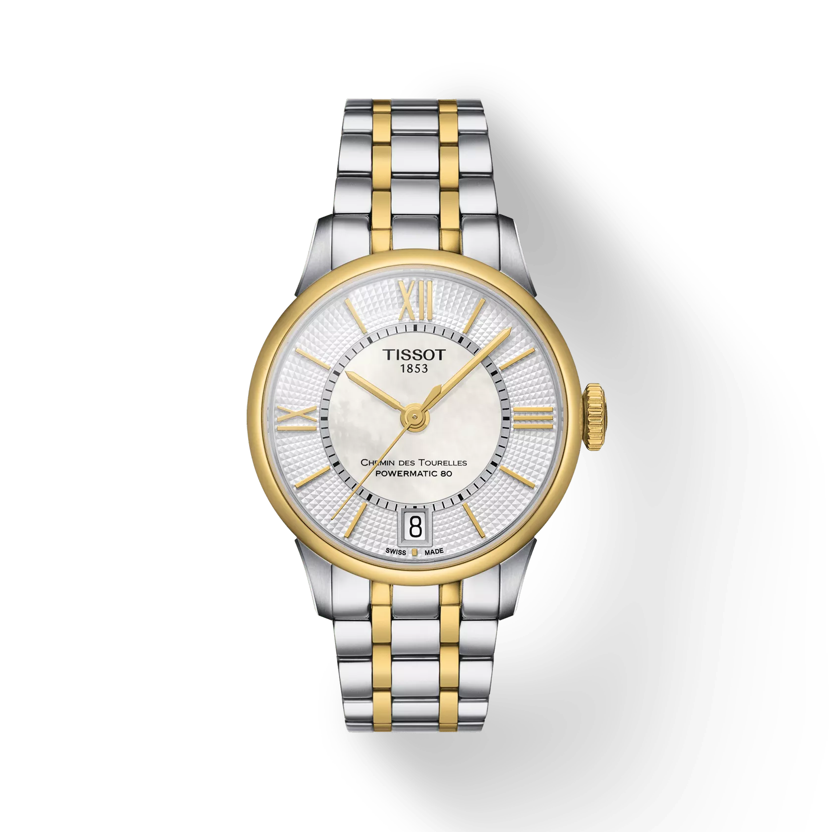 Vue de face de la montre Tissot Chemin des Tourelles Powermatic 80 Lady avec ombre