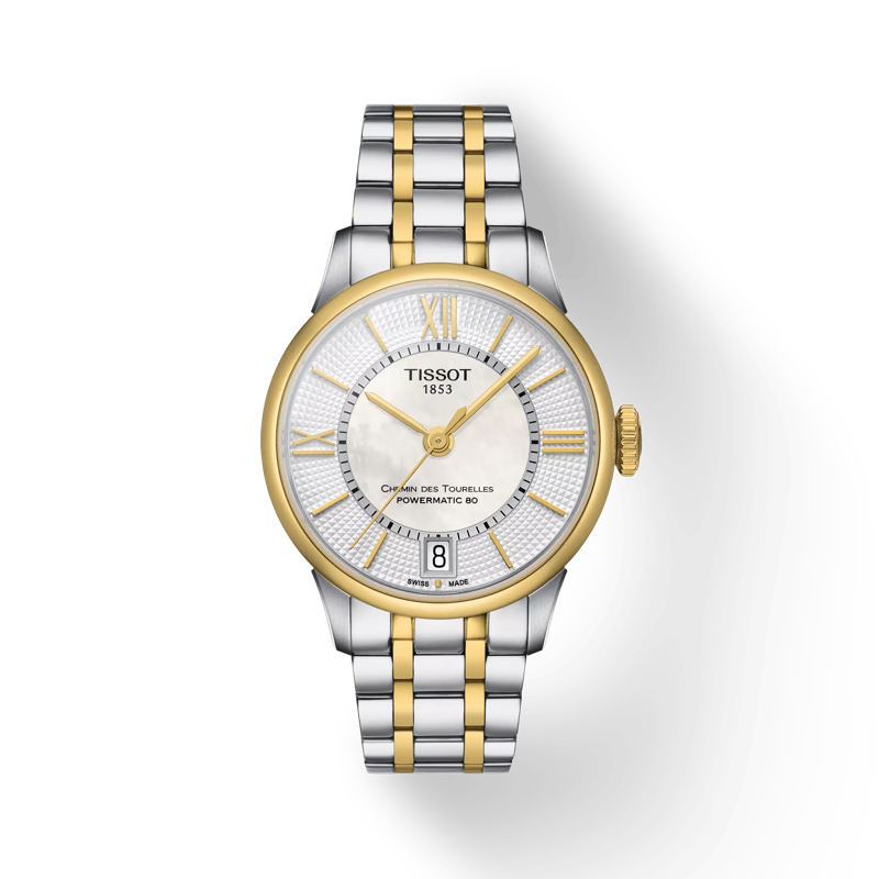 Vue de face de la montre Tissot Chemin des Tourelles Powermatic 80 Lady avec ombre
