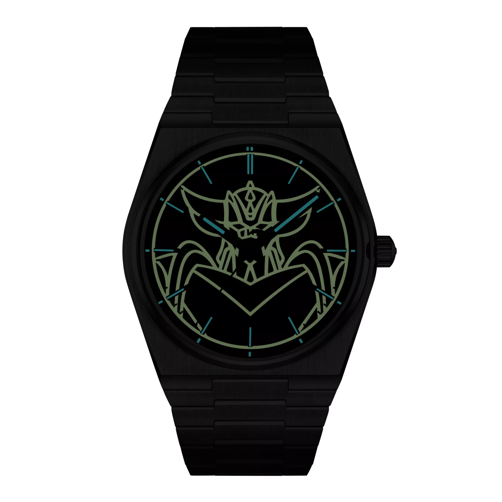 Vue de face de la montre Tissot PRX UFO Robot Goldorak 40mm en mode nuit