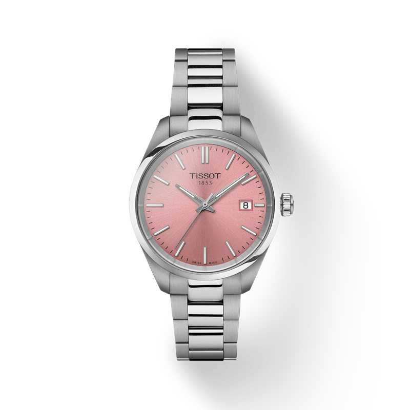 Vue de face de la montre Tissot PR 100 Quartz 34mm avec ombre