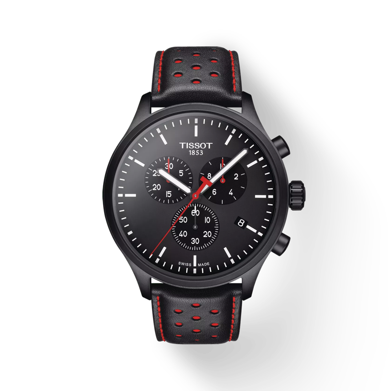 Front view of the watch Tissot Chrono XL Swiss Basketball with shadow