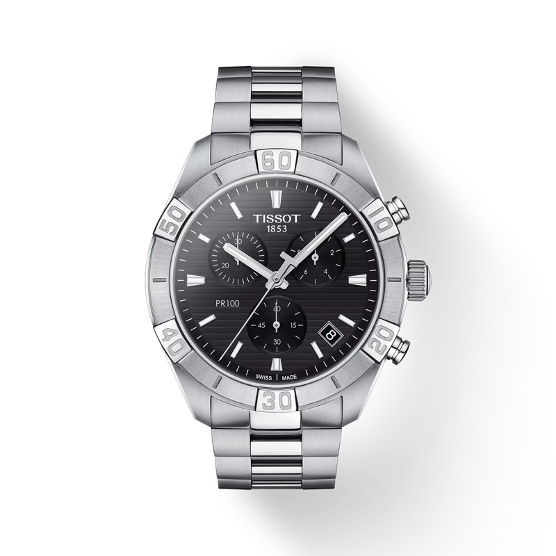 Vue de face de la montre Tissot PR 100 Sport Gent Chronograph avec ombre