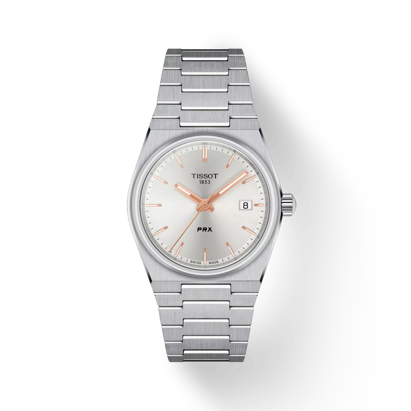 Vista frontal del reloj Tissot PRX 35mm con sombra