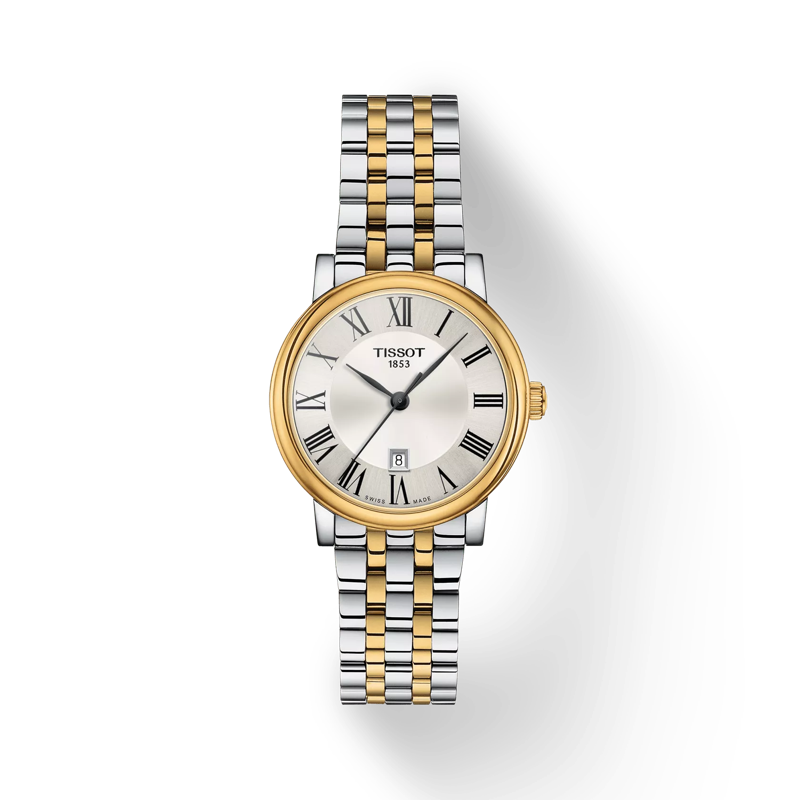Front view of the watch Tissot Carson Premium Lady with shadow