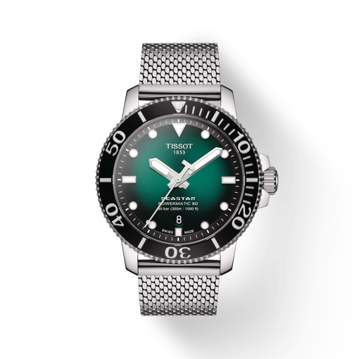 มุมมองด้านหน้าของนาฬิกา Tissot Seastar 1000 Powermatic 80 พร้อมเงา