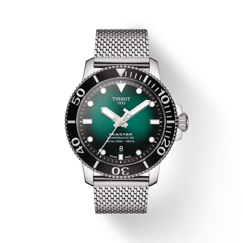 Front view of the watch Tissot Seastar 1000 Powermatic 80 with shadow