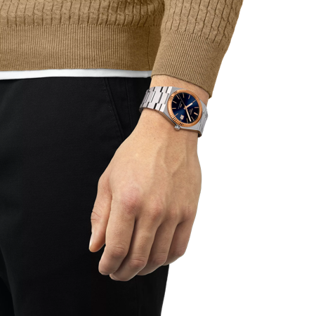Simulation of the watch Tissot PRX Powermatic 80 Steel & 18K Gold Bezel 40mm on a wrist