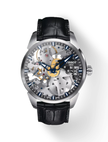 Front view of the watch Tissot T-Complication Squelette Mechanical with shadow