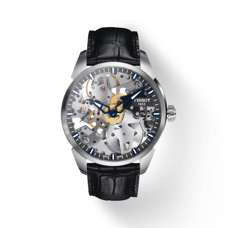 Front view of the watch Tissot T-Complication Squelette Mechanical with shadow