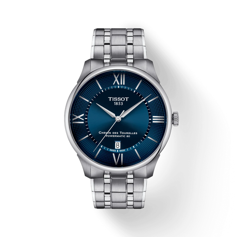Front view of the watch Tissot Chemin Des Tourelles Powermatic 80 42mm with shadow