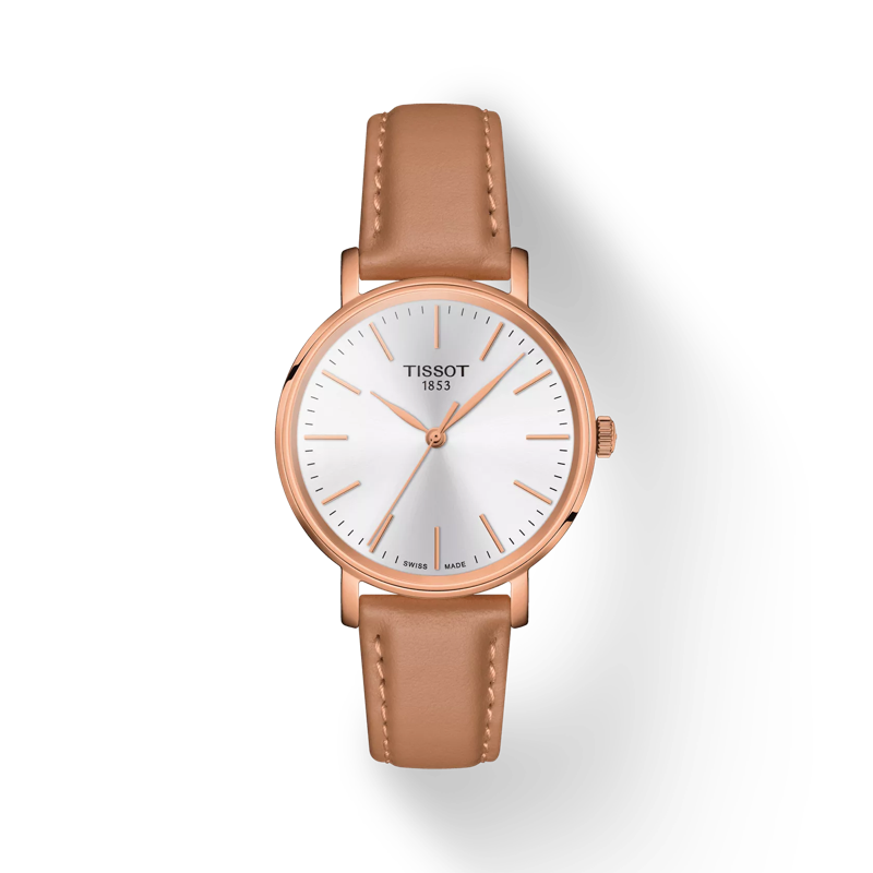 Front view of the watch Tissot Everytime 34mm with shadow