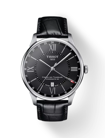 Vue de face de la montre Tissot Chemin des Tourelles Powermatic 80 GMT avec ombre