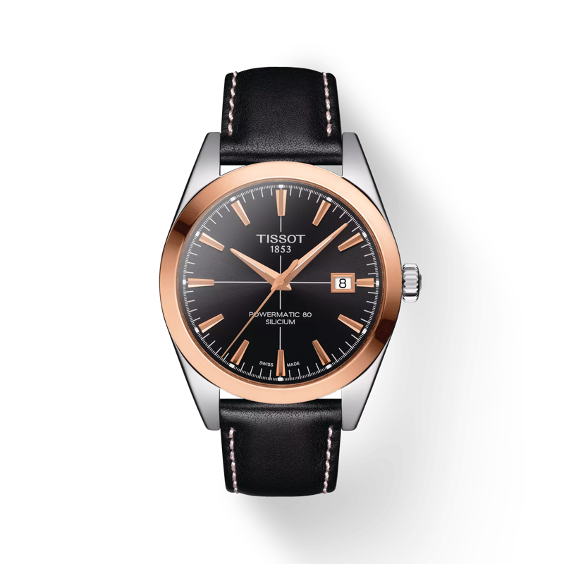 Vista frontal del reloj Tissot Gentleman Powermatic 80 Silicium Solid 18K Gold bezel con sombra