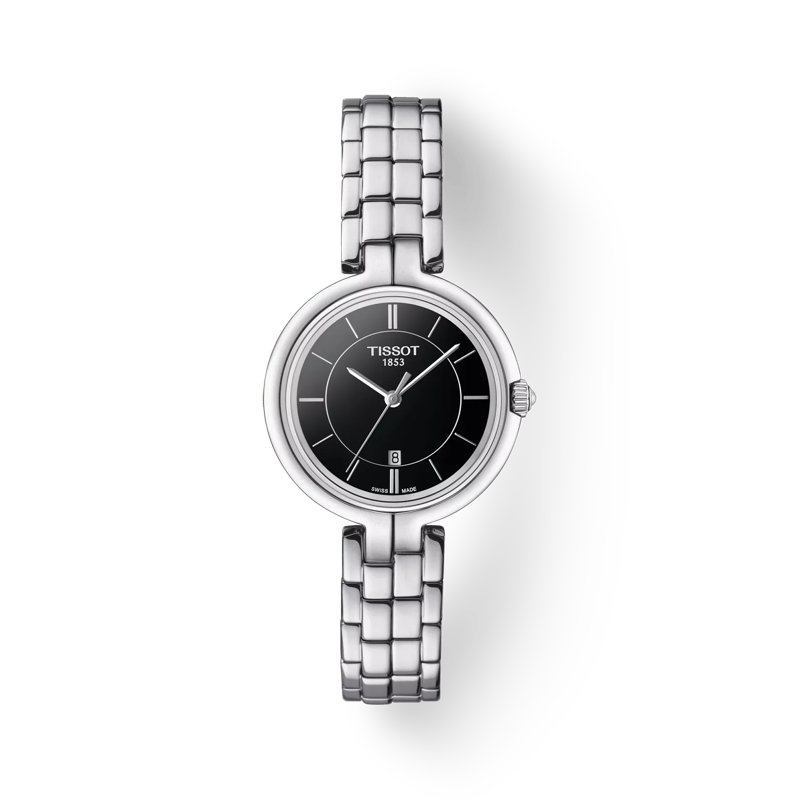Vue de face de la montre Tissot Flamingo avec ombre