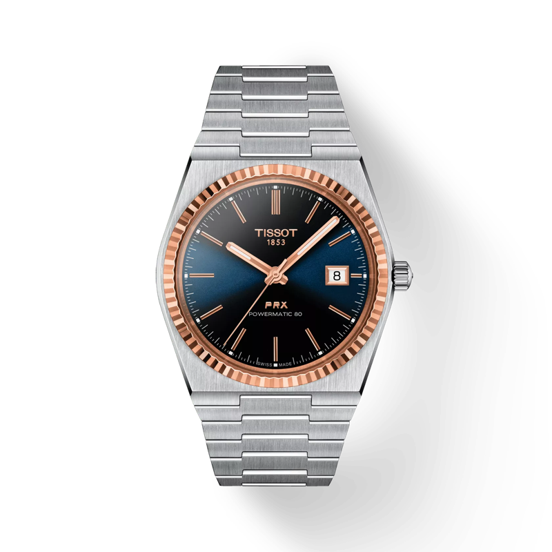 Front view of the watch Tissot PRX Powermatic 80 Steel & 18K Gold Bezel 40mm with shadow
