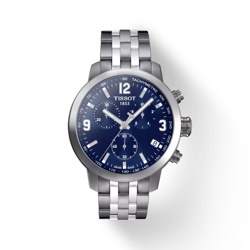 Front view of the watch Tissot PRC 200 Chronograph with shadow