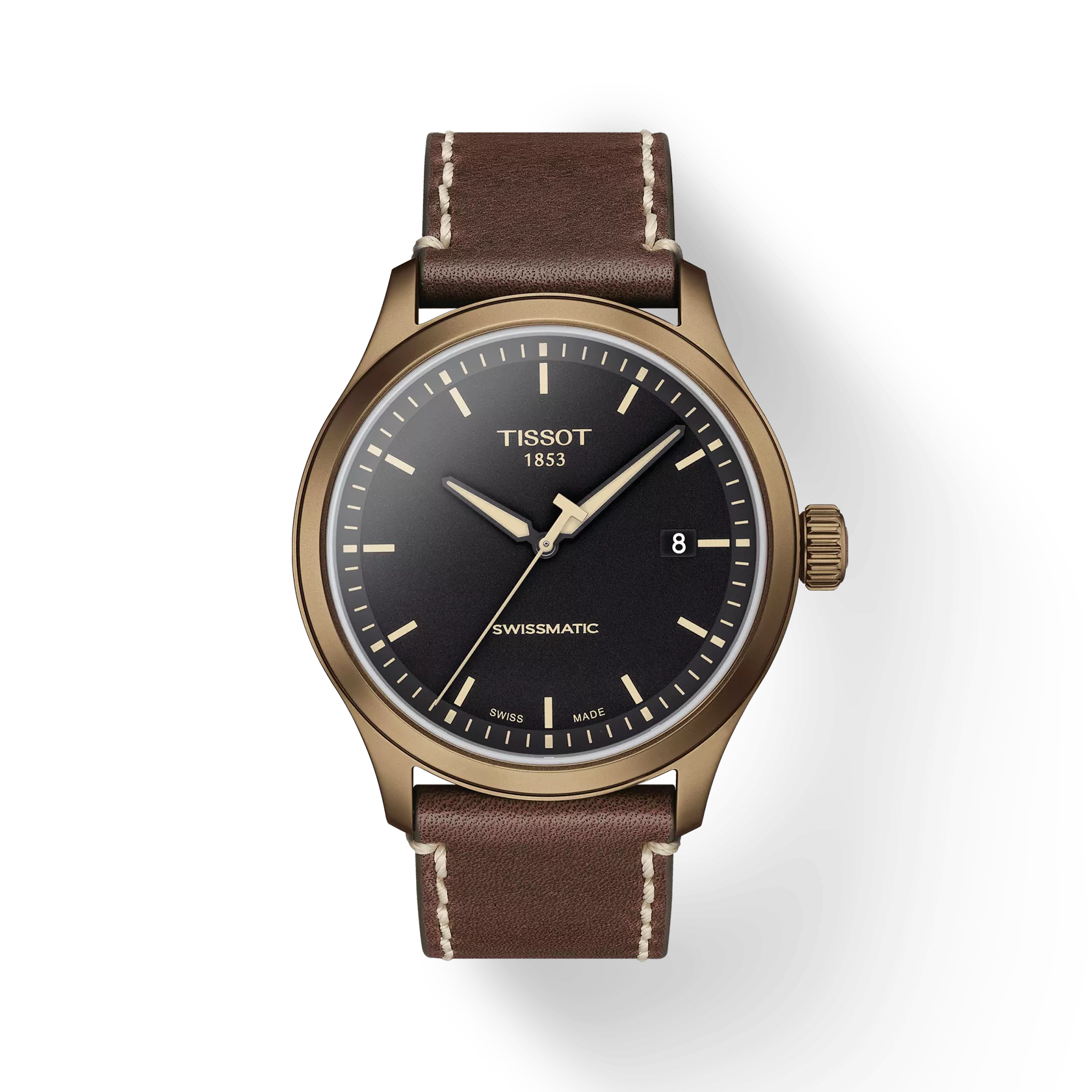 Front view of the watch Tissot Gent XL Swissmatic with shadow
