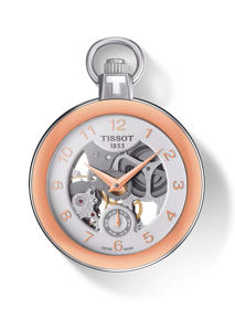 Vista frontal del reloj Tissot Pocket Mechanical Skeleton con sombra