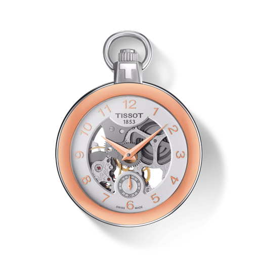 Front view of the watch Tissot Pocket Mechanical Skeleton with shadow