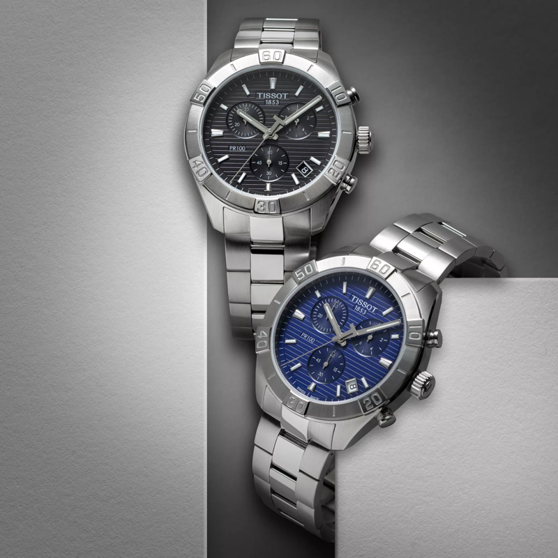 Tissot PR 100 Sport Gent Chronograph watch on a colored background