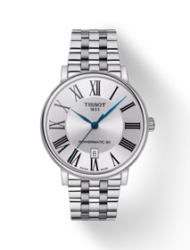 Vista frontal del reloj Tissot Carson Premium Powermatic 80 con sombra